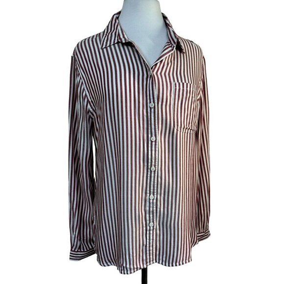 Beachlunchlounge Alanna Striped Button Down LS Shirt Cabaret Red White Sz L NEW - Picture 1 of 7